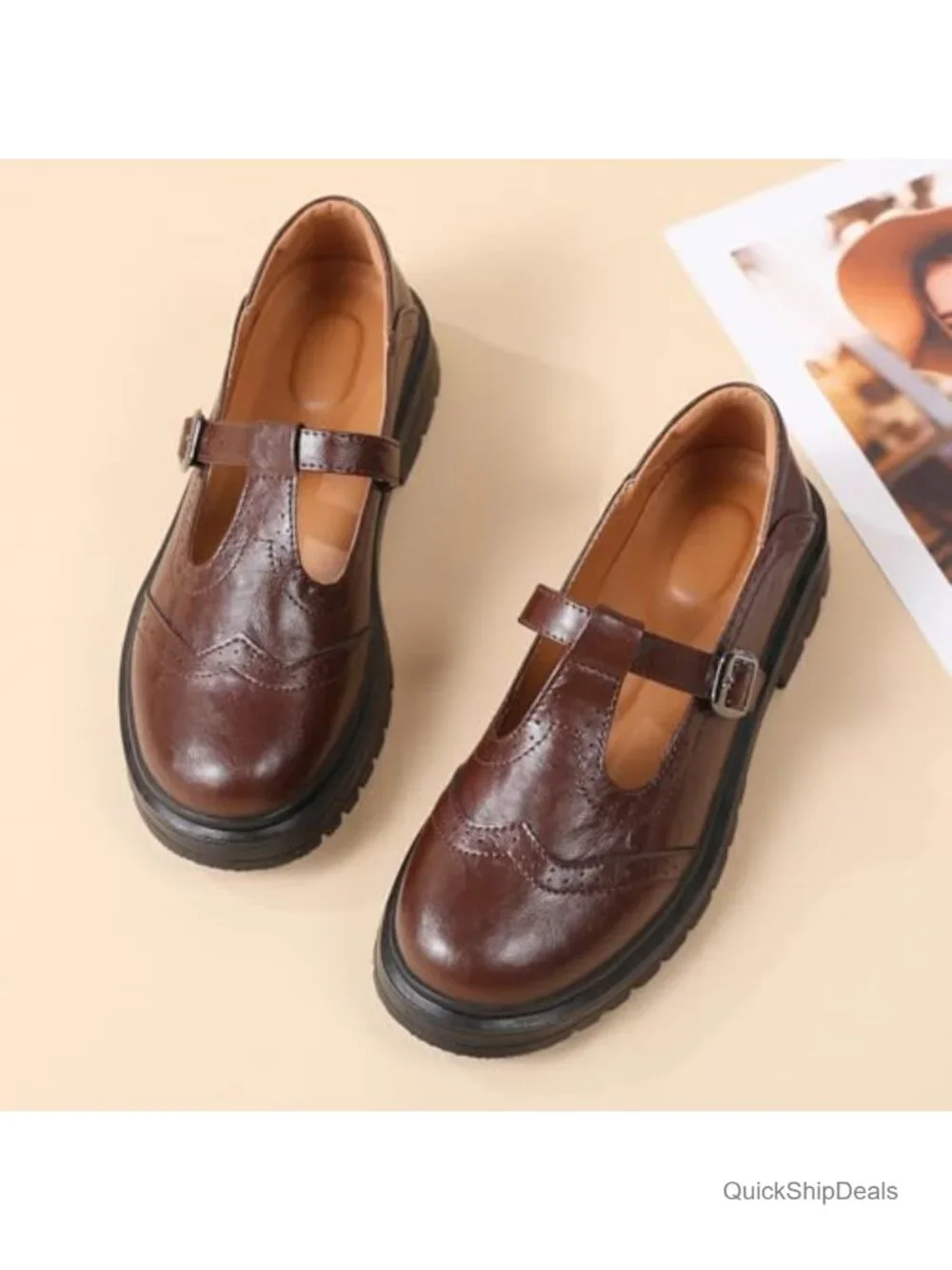 Women's Mary Jane Oxfords Platform T-Strap Buckle Faux Leather Shoes